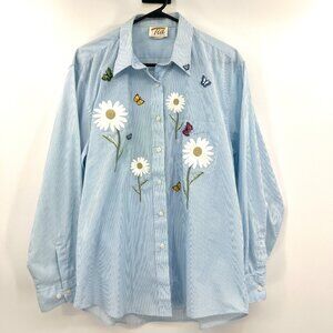 Vintage Tia Designs Embroidered Button Front Shirt Butterflies Flowers Women's L